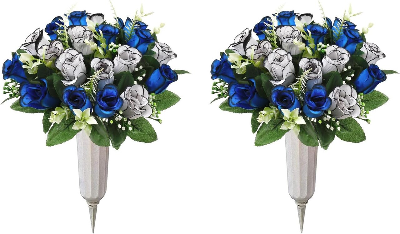 2 Pcs Artificial Cemetery Flowers with Vase – Blue & White Silk Roses, Memorial Grave Flowers for Outdoor Headstones, Cemetery Flower Arrangements